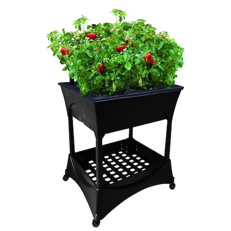 Emsco Group Raised Bed Grow Box, With 30in Stand, 4 Casters, and Supply Storage Grate, Self-Watering, Charcoal 2336W